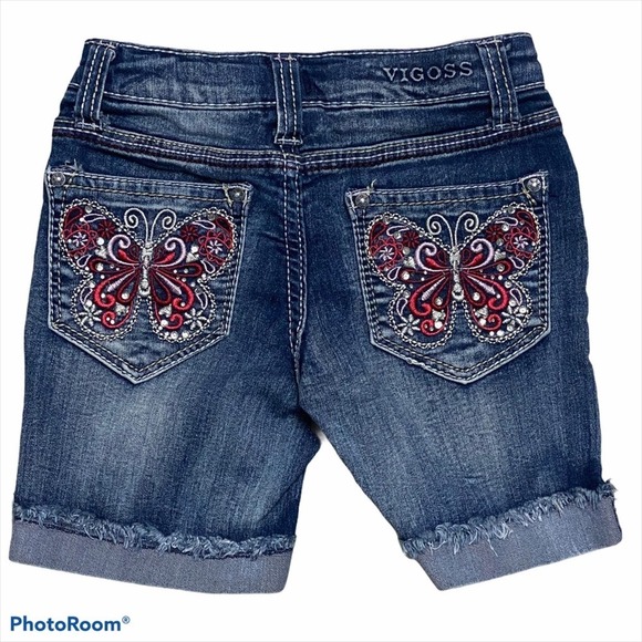 VIGOSS Jagger Embroidered Butterfly Boho Bermuda Jean Shorts 4 - Picture 1 of 4